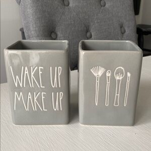 Rae Dunn Gray Ceramic Makeup Brush Holders WAKE UP MAKE UP and Brushes Set